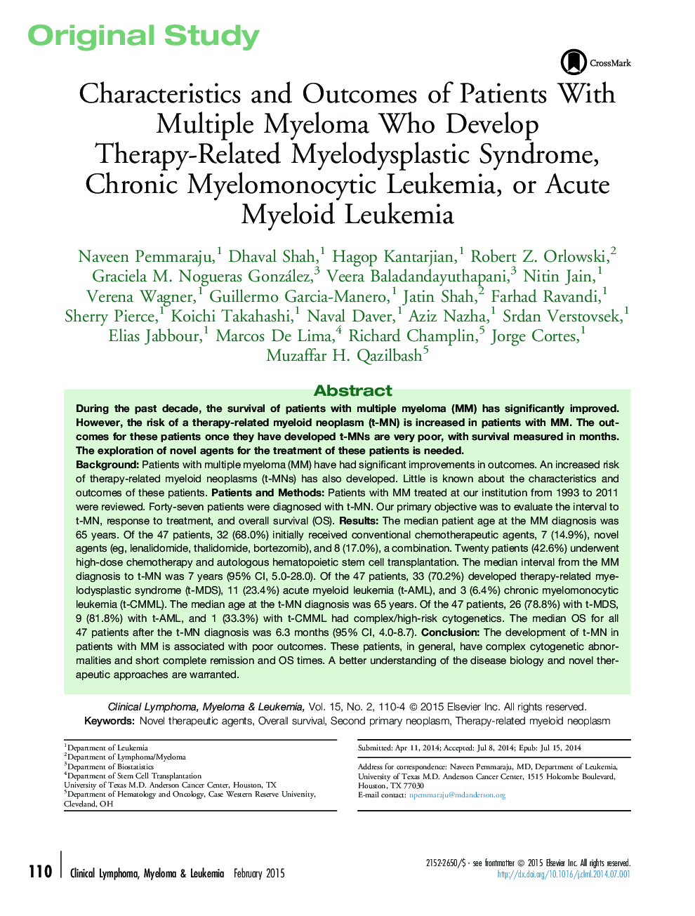Characteristics and Outcomes of Patients With Multiple Myeloma Who Develop Therapy-Related Myelodysplastic Syndrome, Chronic Myelomonocytic Leukemia, or Acute Myeloid Leukemia