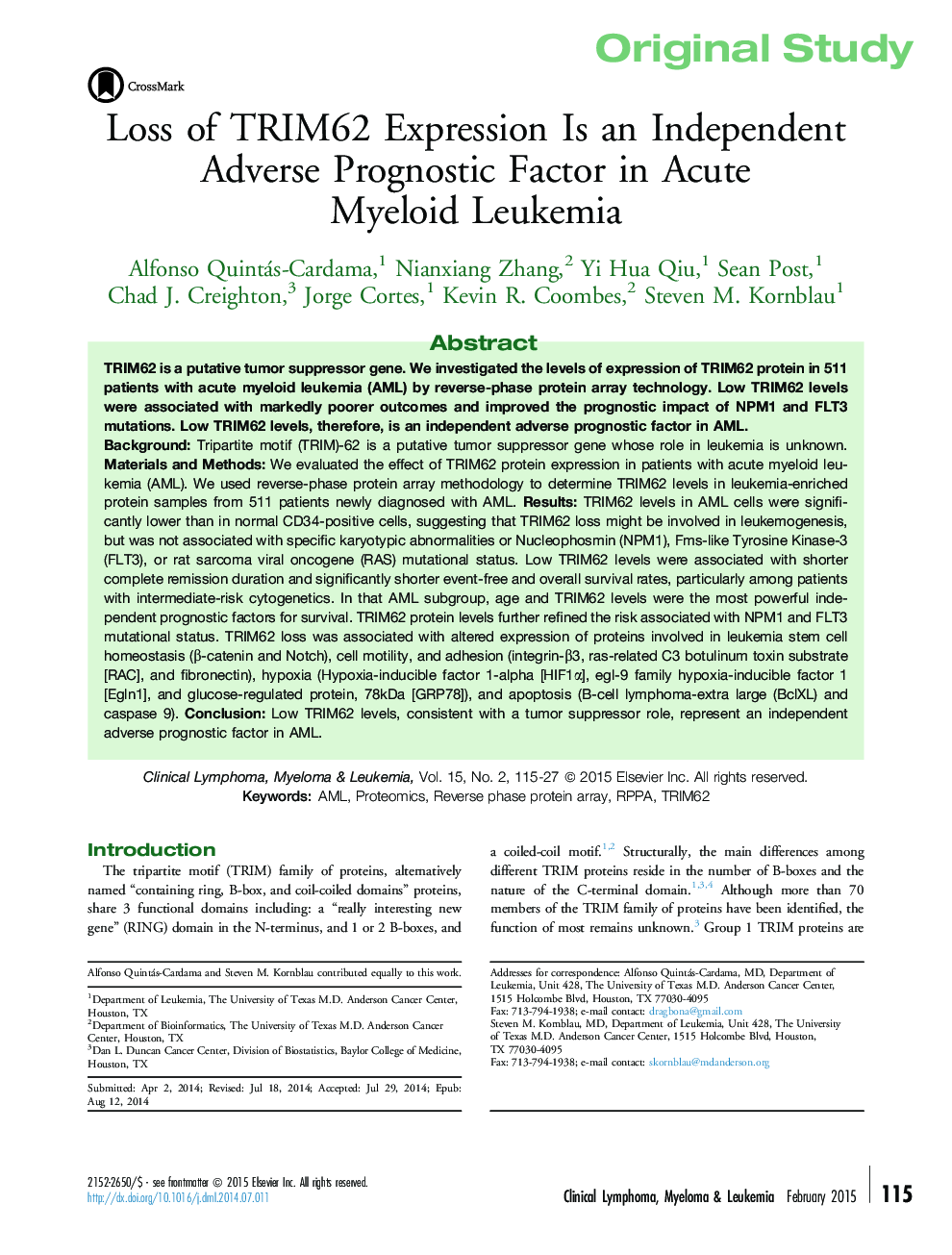 Loss of TRIM62 Expression Is an Independent Adverse Prognostic Factor in Acute MyeloidÂ Leukemia