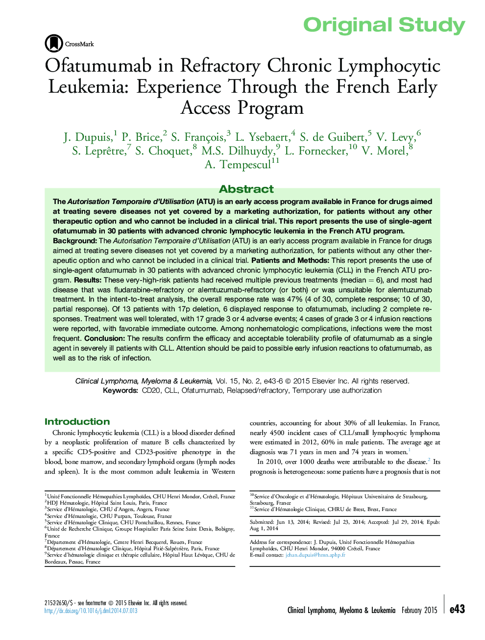 Ofatumumab in Refractory Chronic Lymphocytic Leukemia: Experience Through the French Early Access Program