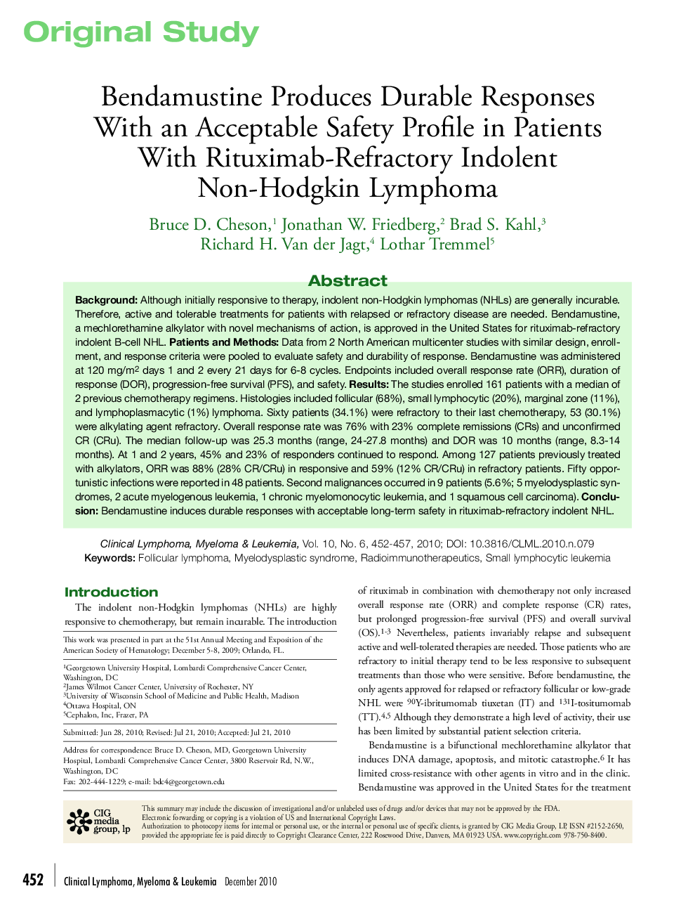 Bendamustine Produces Durable Responses With an Acceptable Safety Profile in Patients With Rituximab-Refractory Indolent Non-Hodgkin Lymphoma 