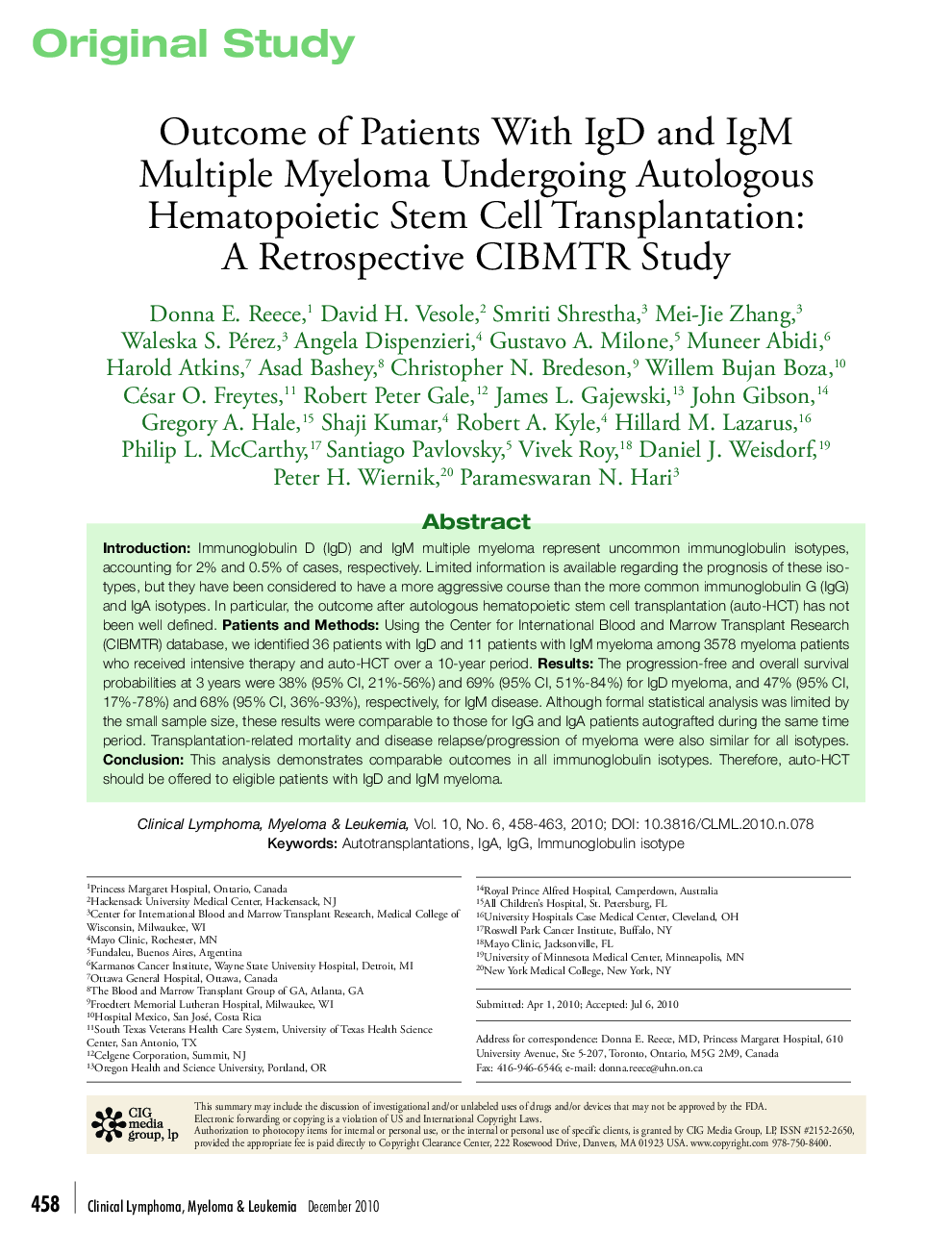 Outcome of Patients With IgD and IgM Multiple Myeloma Undergoing Autologous Hematopoietic Stem Cell Transplantation: A Retrospective CIBMTR Study 