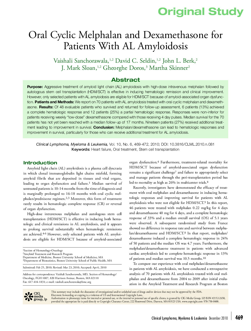 Oral Cyclic Melphalan and Dexamethasone for Patients With AL Amyloidosis 