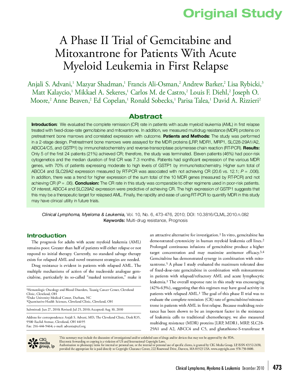 A Phase II Trial of Gemcitabine and Mitoxantrone for Patients With Acute Myeloid Leukemia in First Relapse 