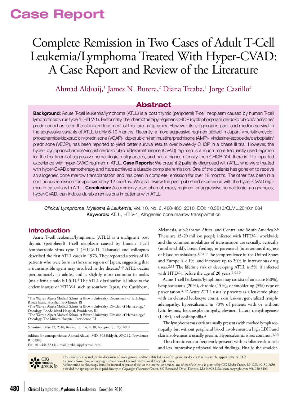 Complete Remission in Two Cases of Adult T-Cell Leukemia/Lymphoma Treated With Hyper-CVAD: A Case Report and Review of the Literature 