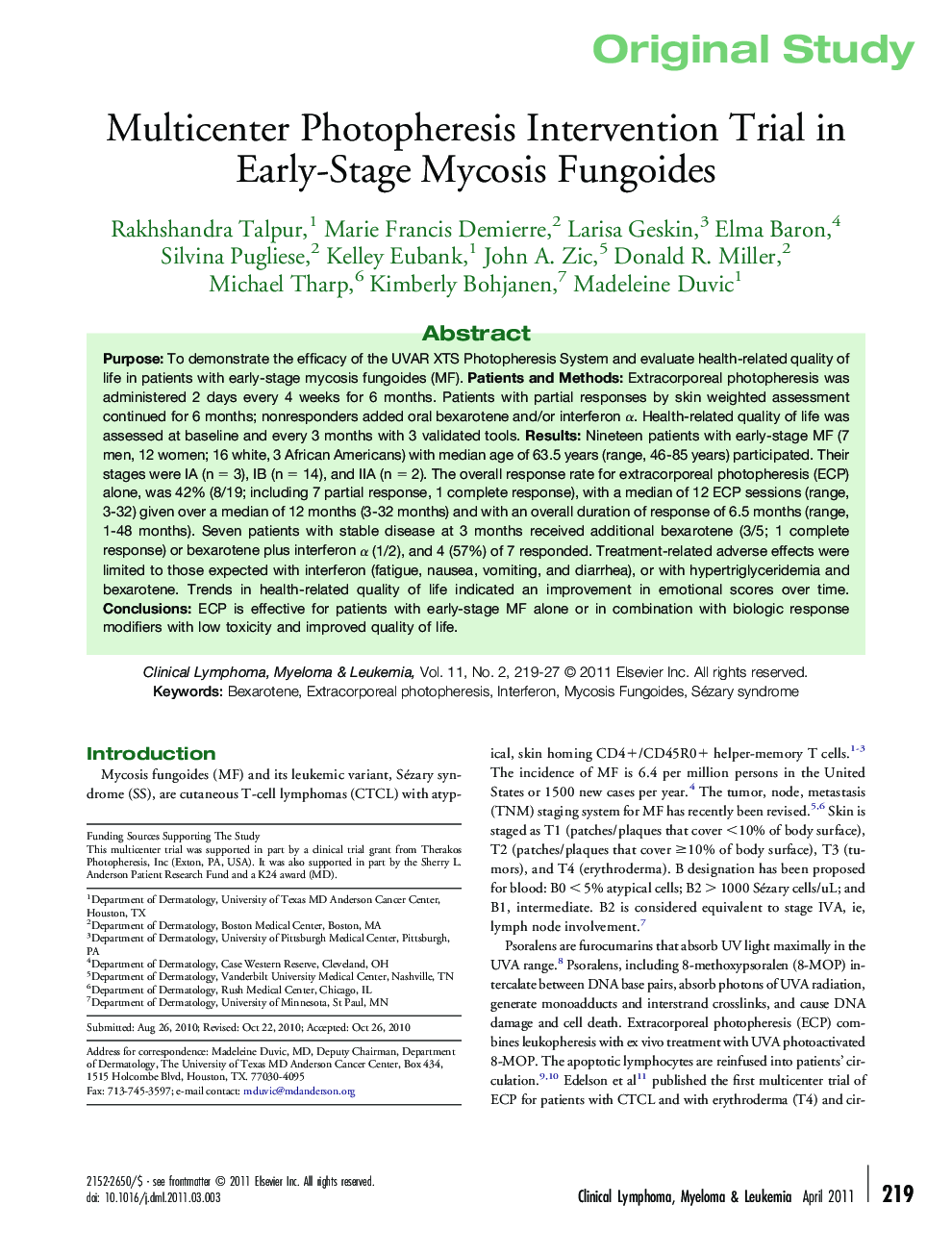 Multicenter Photopheresis Intervention Trial in Early-Stage Mycosis Fungoides 