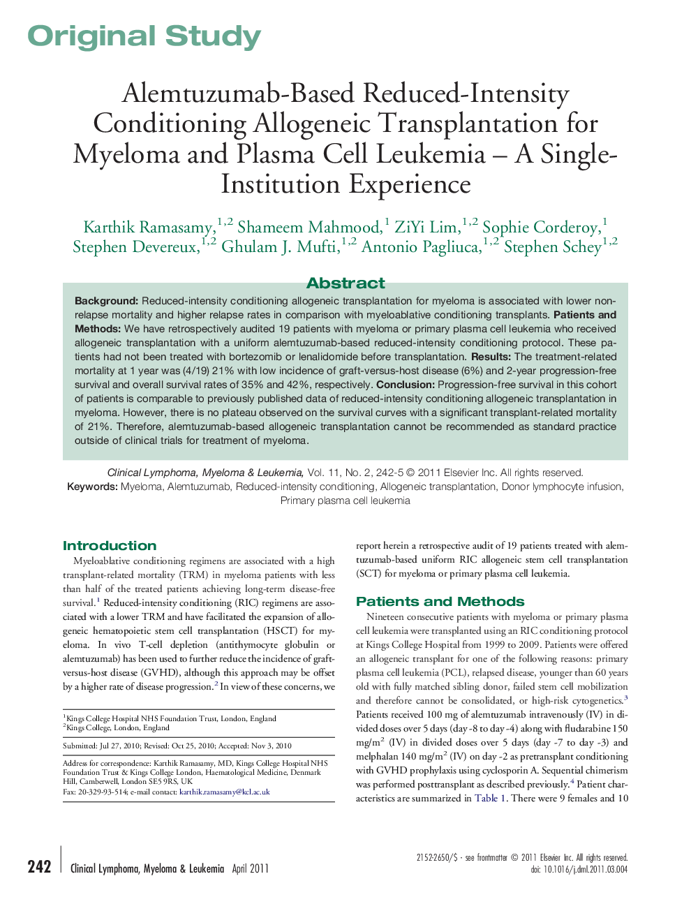 Alemtuzumab-Based Reduced-Intensity Conditioning Allogeneic Transplantation for Myeloma and Plasma Cell Leukemia – A Single-Institution Experience