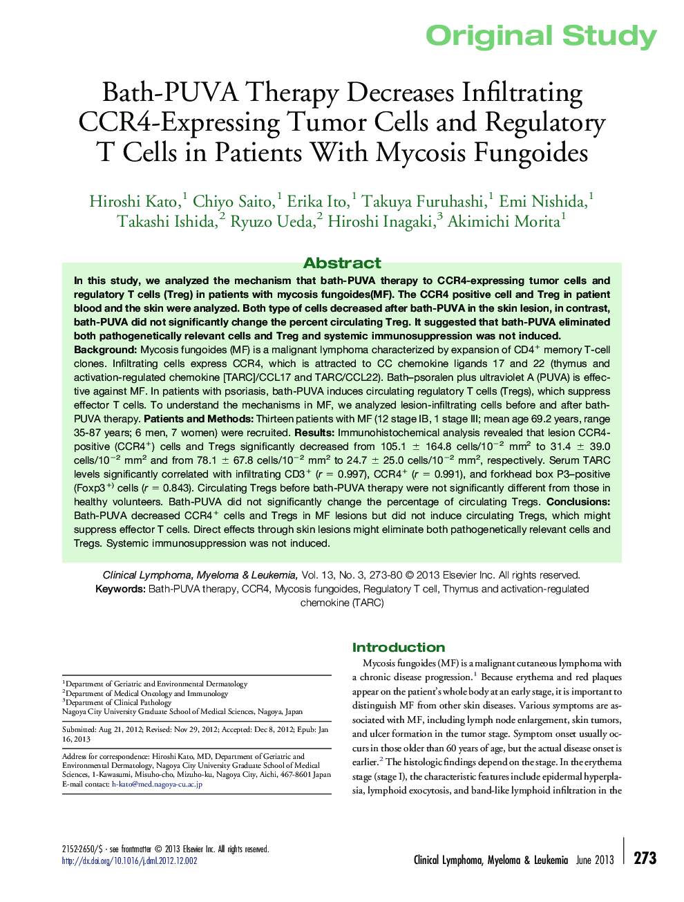 Bath-PUVA Therapy Decreases Infiltrating CCR4-Expressing Tumor Cells and Regulatory T Cells in Patients With Mycosis Fungoides