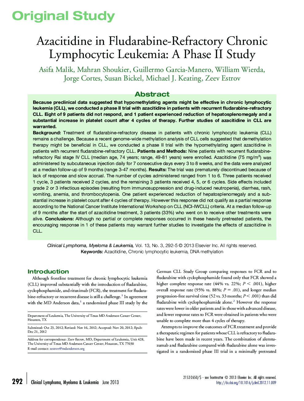 Azacitidine in Fludarabine-Refractory Chronic Lymphocytic Leukemia: A Phase II Study