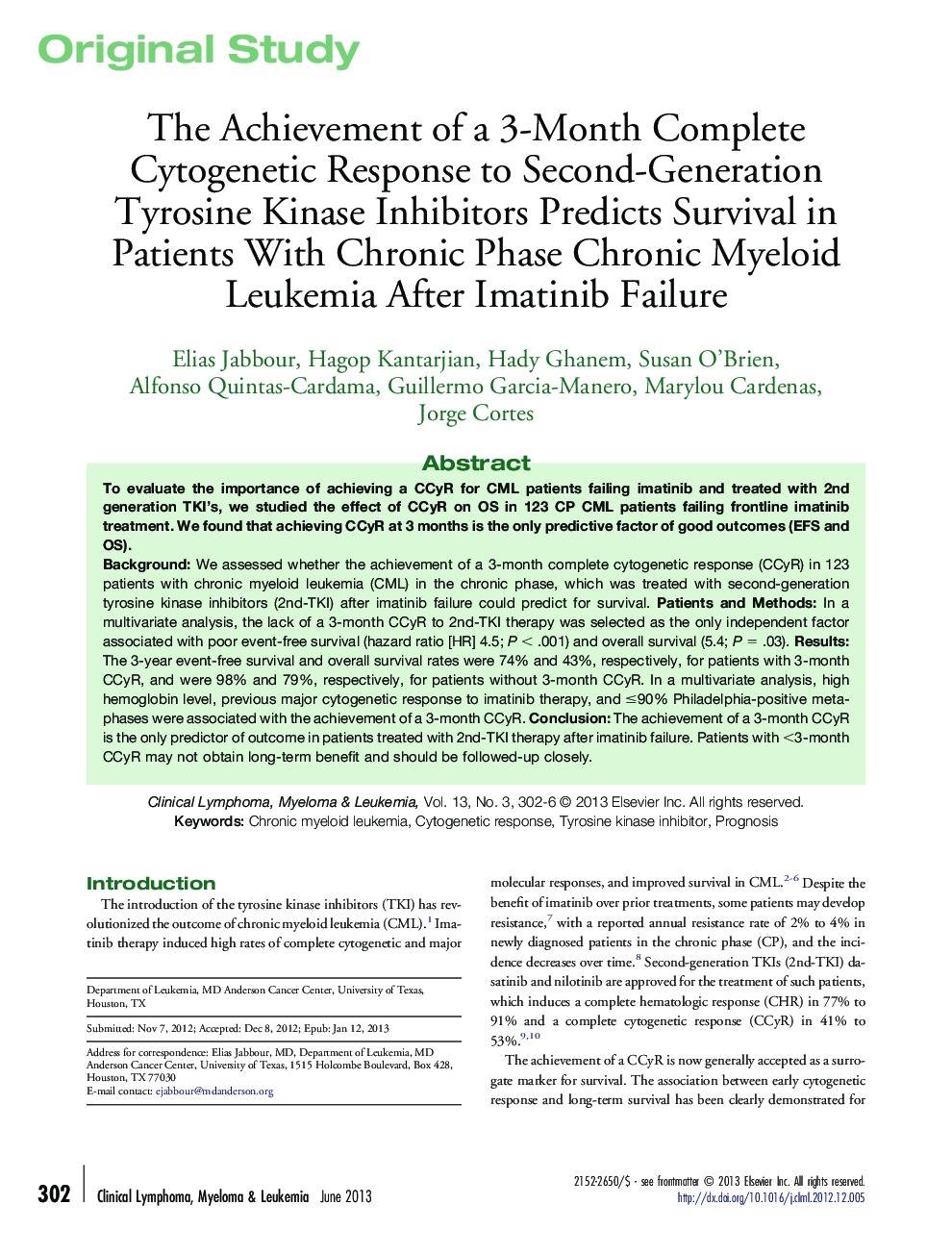 The Achievement of a 3-Month Complete Cytogenetic Response to Second-Generation Tyrosine Kinase Inhibitors Predicts Survival in Patients With Chronic Phase Chronic Myeloid Leukemia After Imatinib Failure