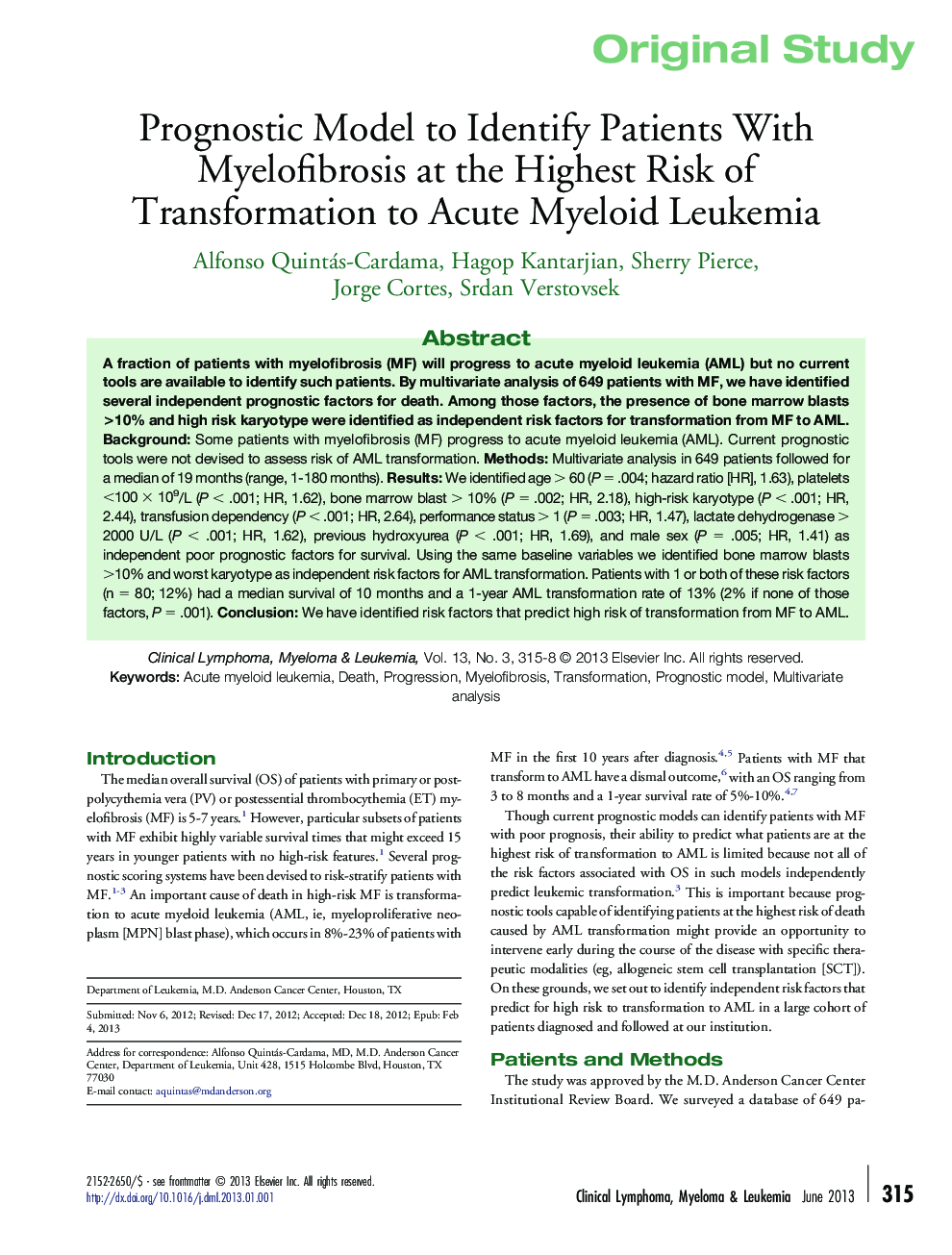 Prognostic Model to Identify Patients With Myelofibrosis at the Highest Risk of Transformation to Acute Myeloid Leukemia