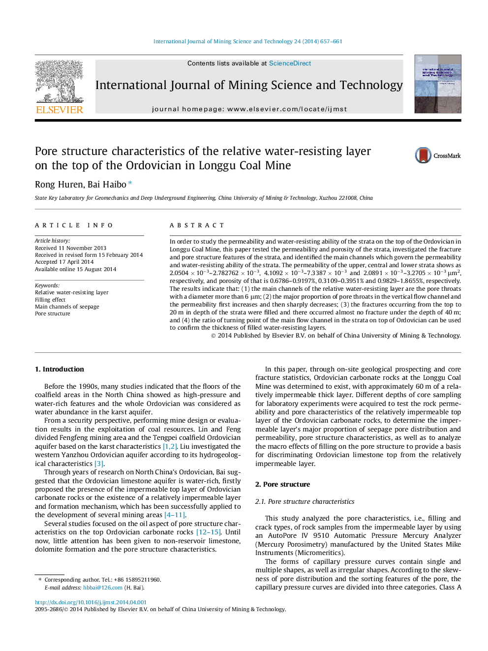 Pore structure characteristics of the relative water-resisting layer on the top of the Ordovician in Longgu Coal Mine