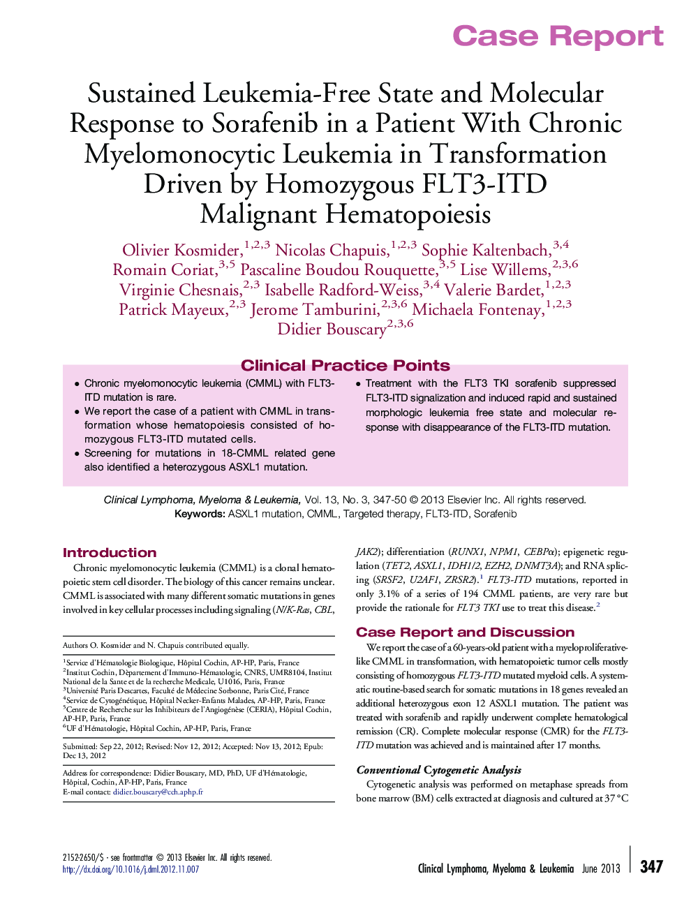 Sustained Leukemia-Free State and Molecular Response to Sorafenib in a Patient With Chronic Myelomonocytic Leukemia in Transformation Driven by Homozygous FLT3-ITD Malignant Hematopoiesis