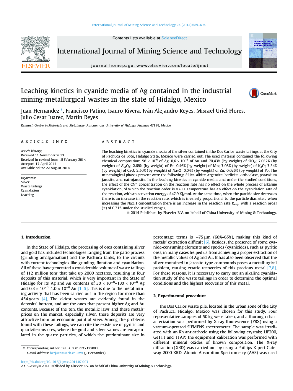 Leaching kinetics in cyanide media of Ag contained in the industrial mining-metallurgical wastes in the state of Hidalgo, Mexico