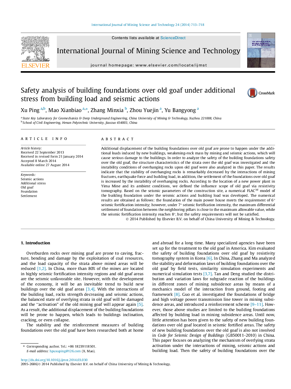 Safety analysis of building foundations over old goaf under additional stress from building load and seismic actions