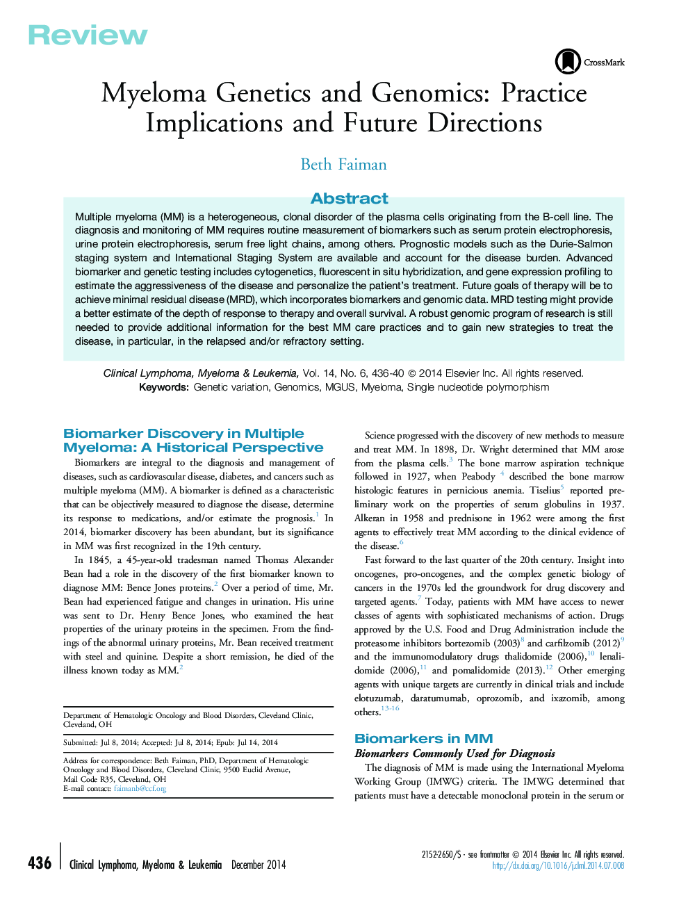 Myeloma Genetics and Genomics: Practice Implications and Future Directions