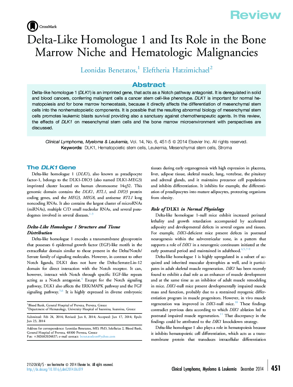 Delta-Like Homologue 1 and Its Role in the Bone Marrow Niche and Hematologic Malignancies