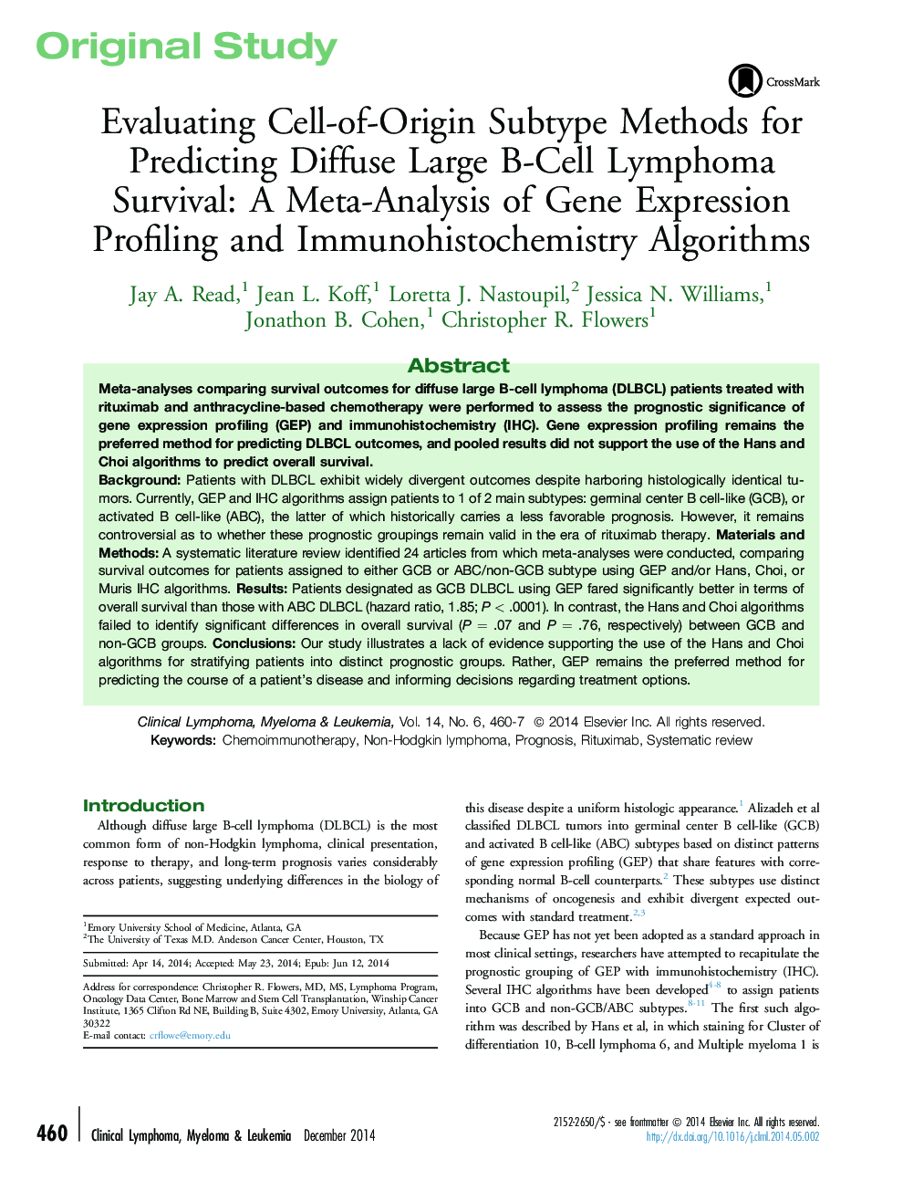 Evaluating Cell-of-Origin Subtype Methods for Predicting Diffuse Large B-Cell Lymphoma Survival: A Meta-Analysis of Gene Expression Profiling and Immunohistochemistry Algorithms