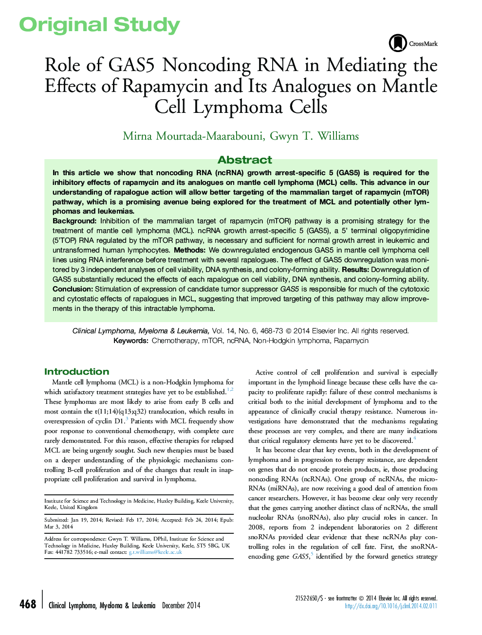 Role of GAS5 Noncoding RNA in Mediating the Effects of Rapamycin and Its Analogues on Mantle Cell Lymphoma Cells