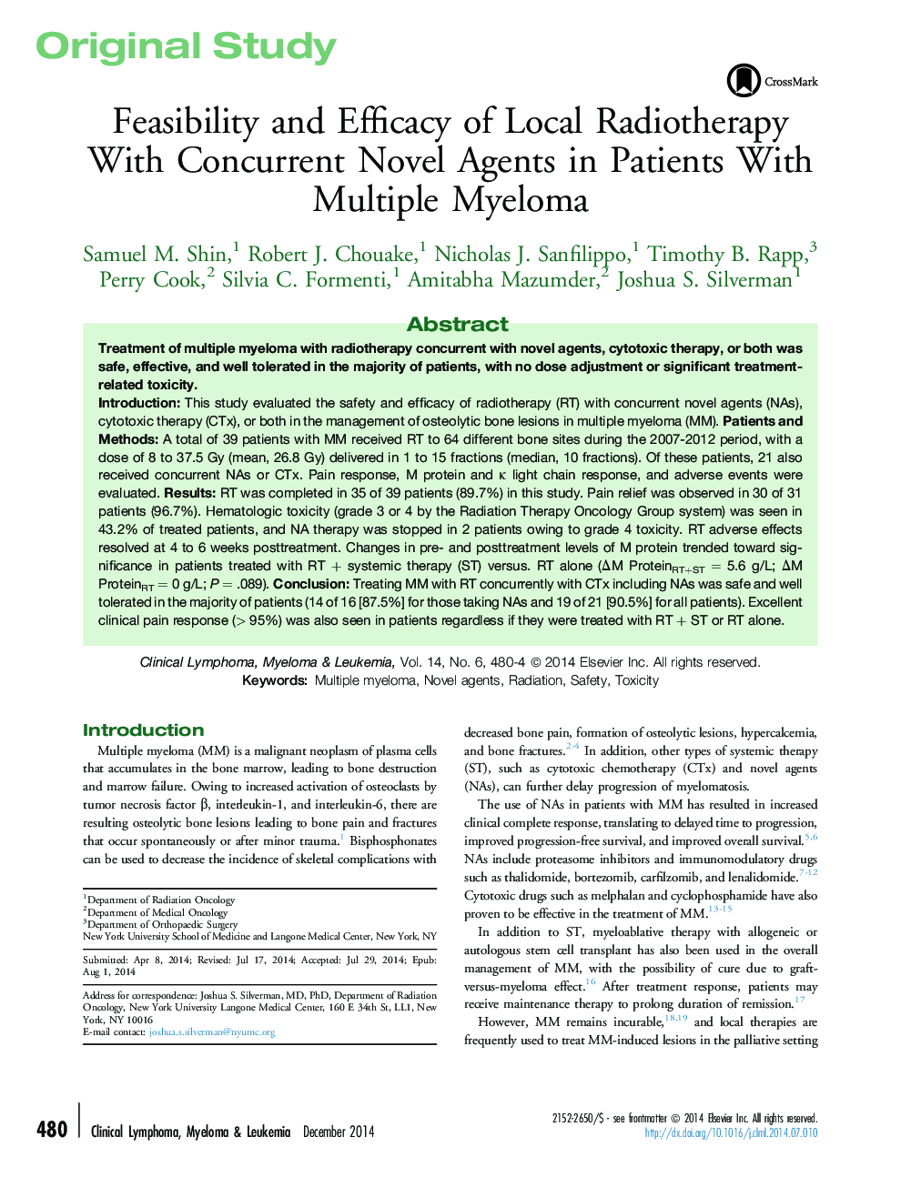 Feasibility and Efficacy of Local Radiotherapy With Concurrent Novel Agents in Patients With Multiple Myeloma