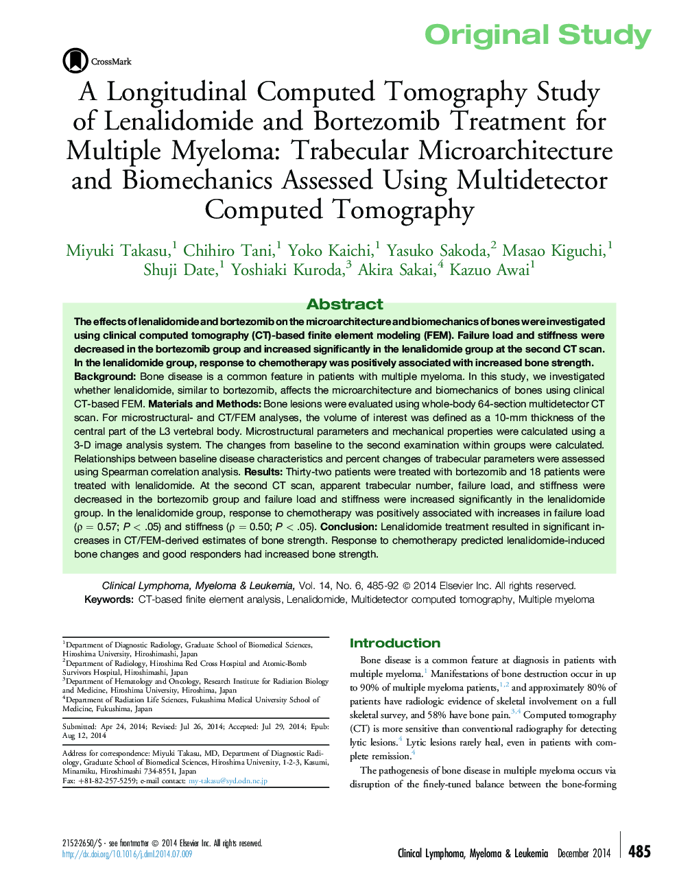 A Longitudinal Computed Tomography Study of Lenalidomide and Bortezomib Treatment for Multiple Myeloma: Trabecular Microarchitecture and Biomechanics Assessed Using Multidetector Computed Tomography