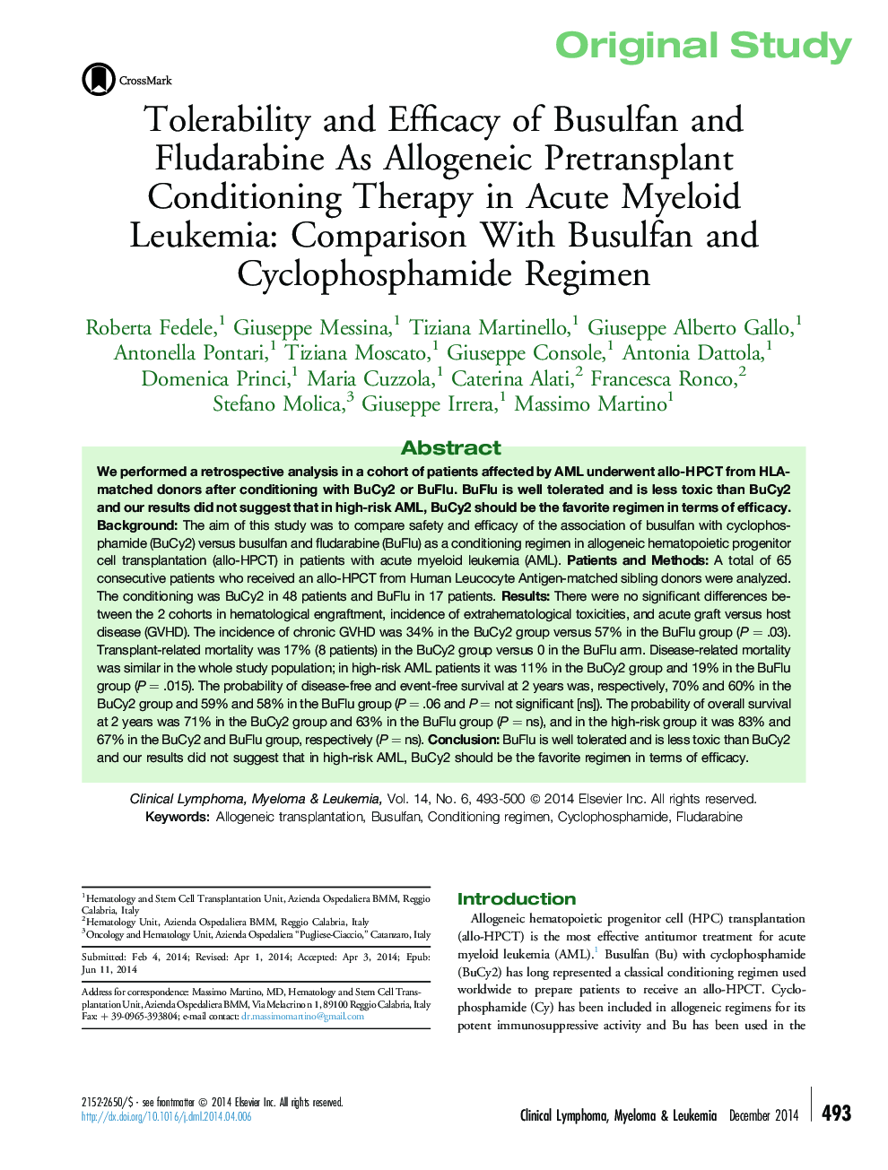 Tolerability and Efficacy of Busulfan and Fludarabine As Allogeneic Pretransplant Conditioning Therapy in Acute Myeloid Leukemia: Comparison With Busulfan and Cyclophosphamide Regimen