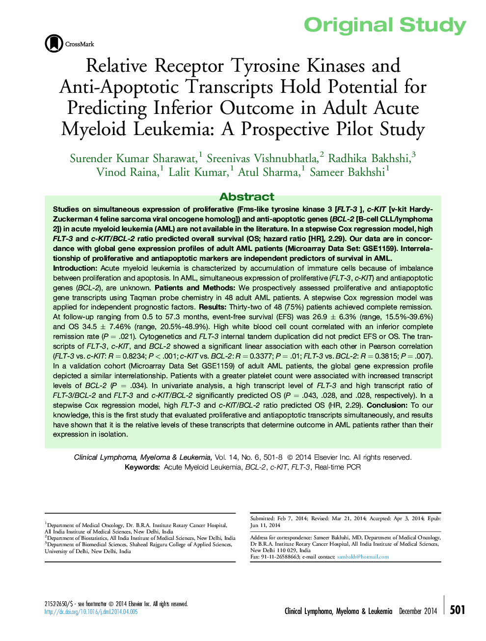 Relative Receptor Tyrosine Kinases and Anti-Apoptotic Transcripts Hold Potential for Predicting Inferior Outcome in Adult Acute Myeloid Leukemia: A Prospective Pilot Study