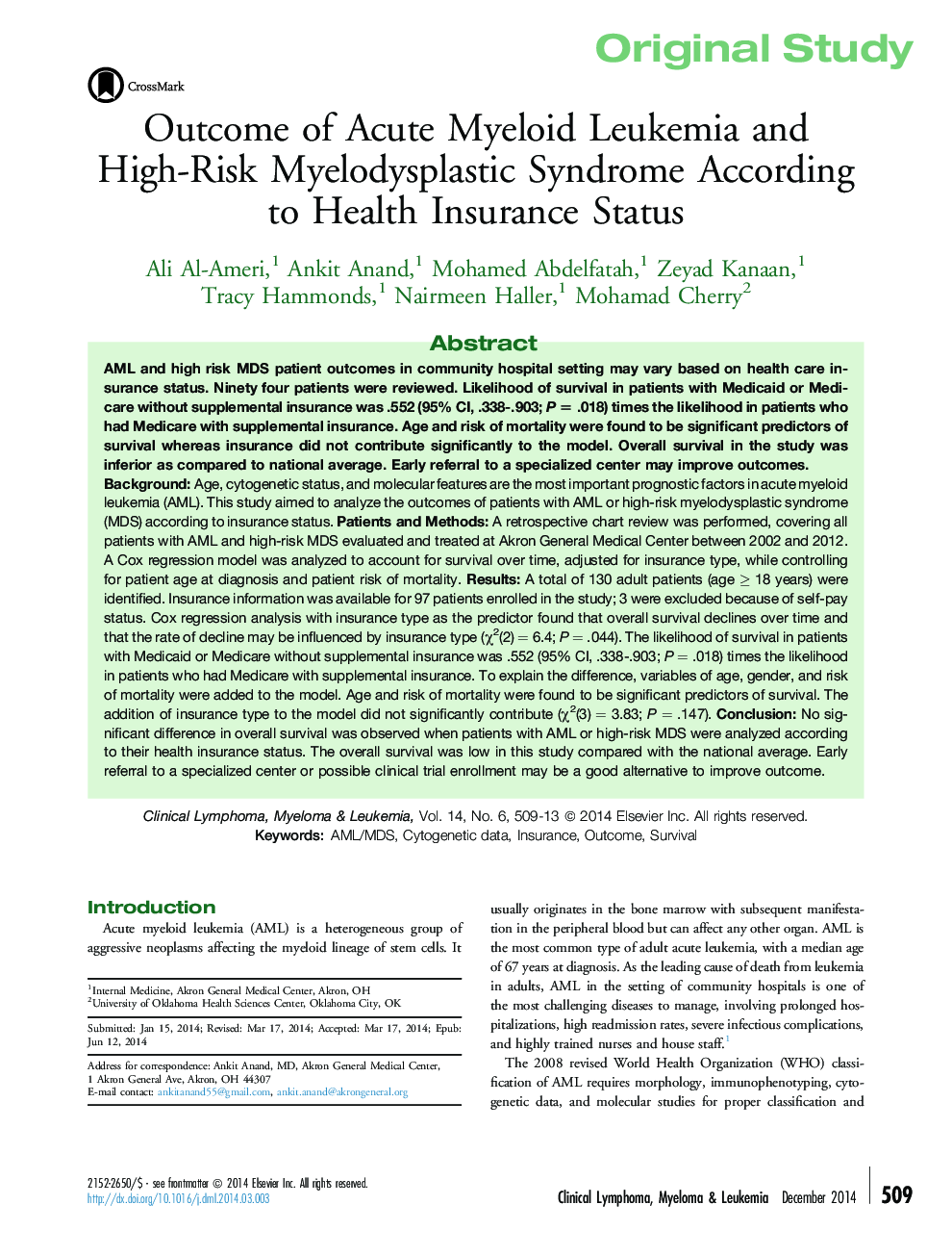 Outcome of Acute Myeloid Leukemia and High-Risk Myelodysplastic Syndrome According to Health Insurance Status