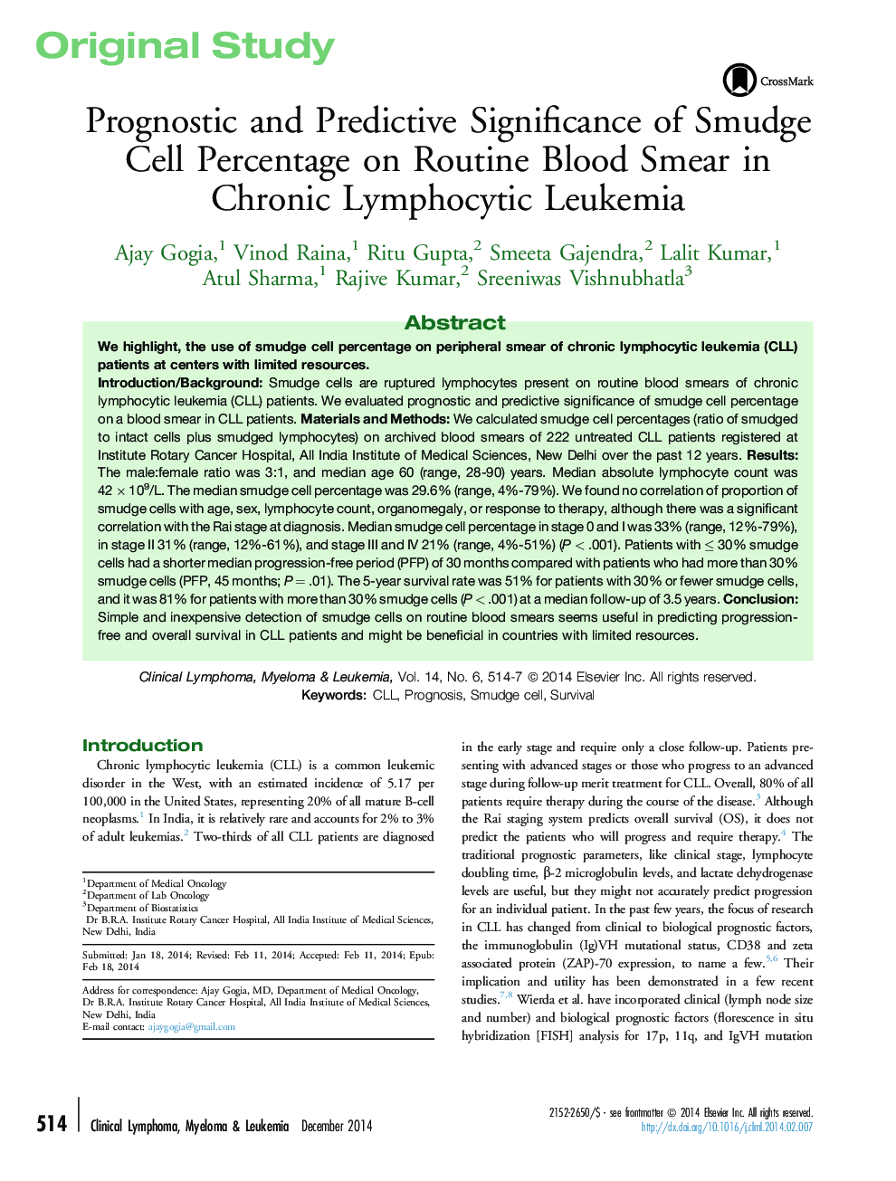 Prognostic and Predictive Significance of Smudge Cell Percentage on Routine Blood Smear in Chronic Lymphocytic Leukemia