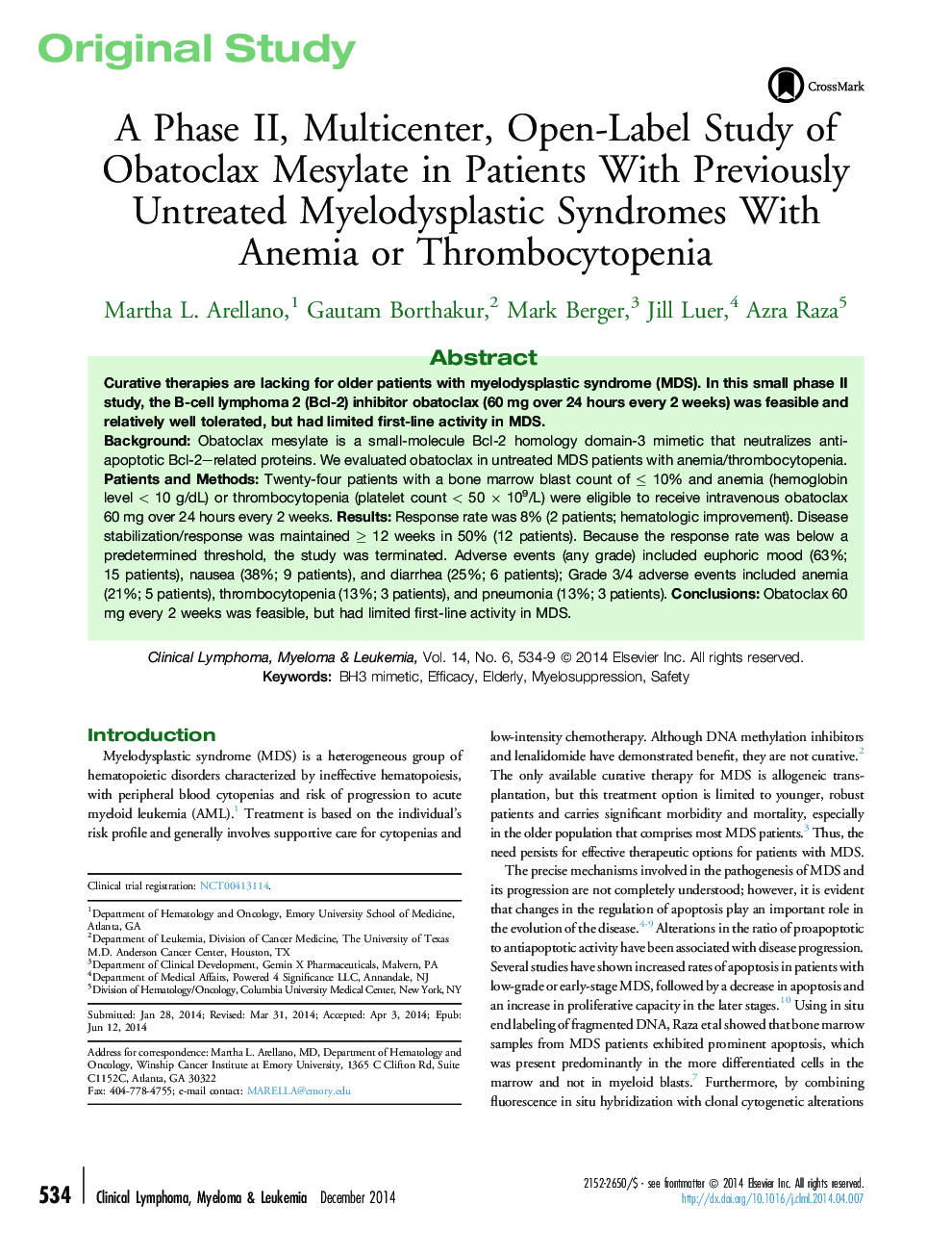 A Phase II, Multicenter, Open-Label Study of Obatoclax Mesylate in Patients With Previously Untreated Myelodysplastic Syndromes With Anemia or Thrombocytopenia 