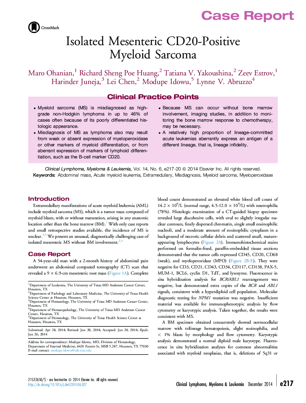 Isolated Mesenteric CD20-Positive Myeloid Sarcoma