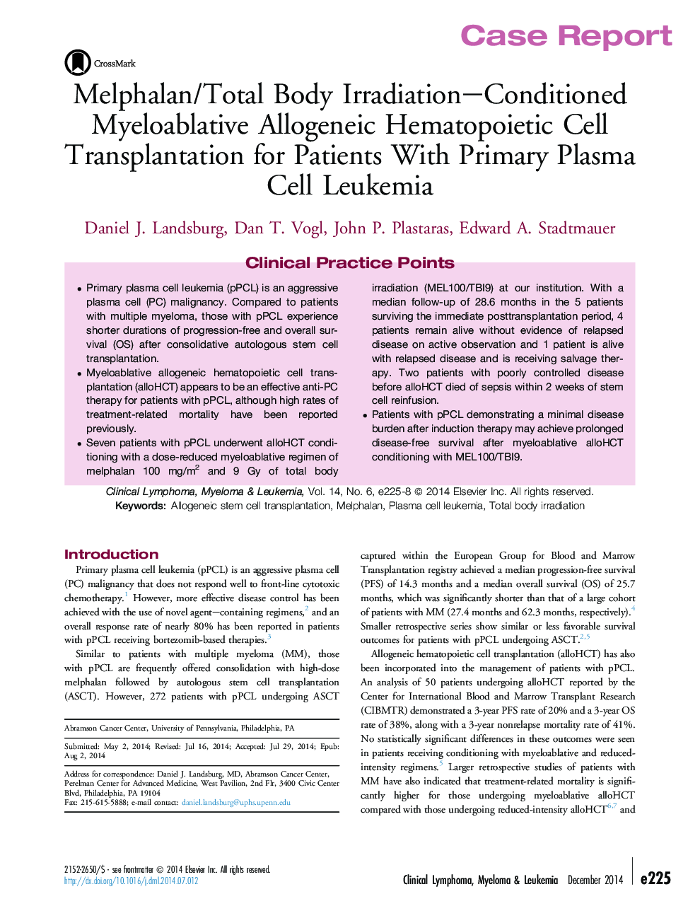 Melphalan/Total Body Irradiation-Conditioned Myeloablative Allogeneic Hematopoietic Cell Transplantation for Patients With Primary Plasma Cell Leukemia