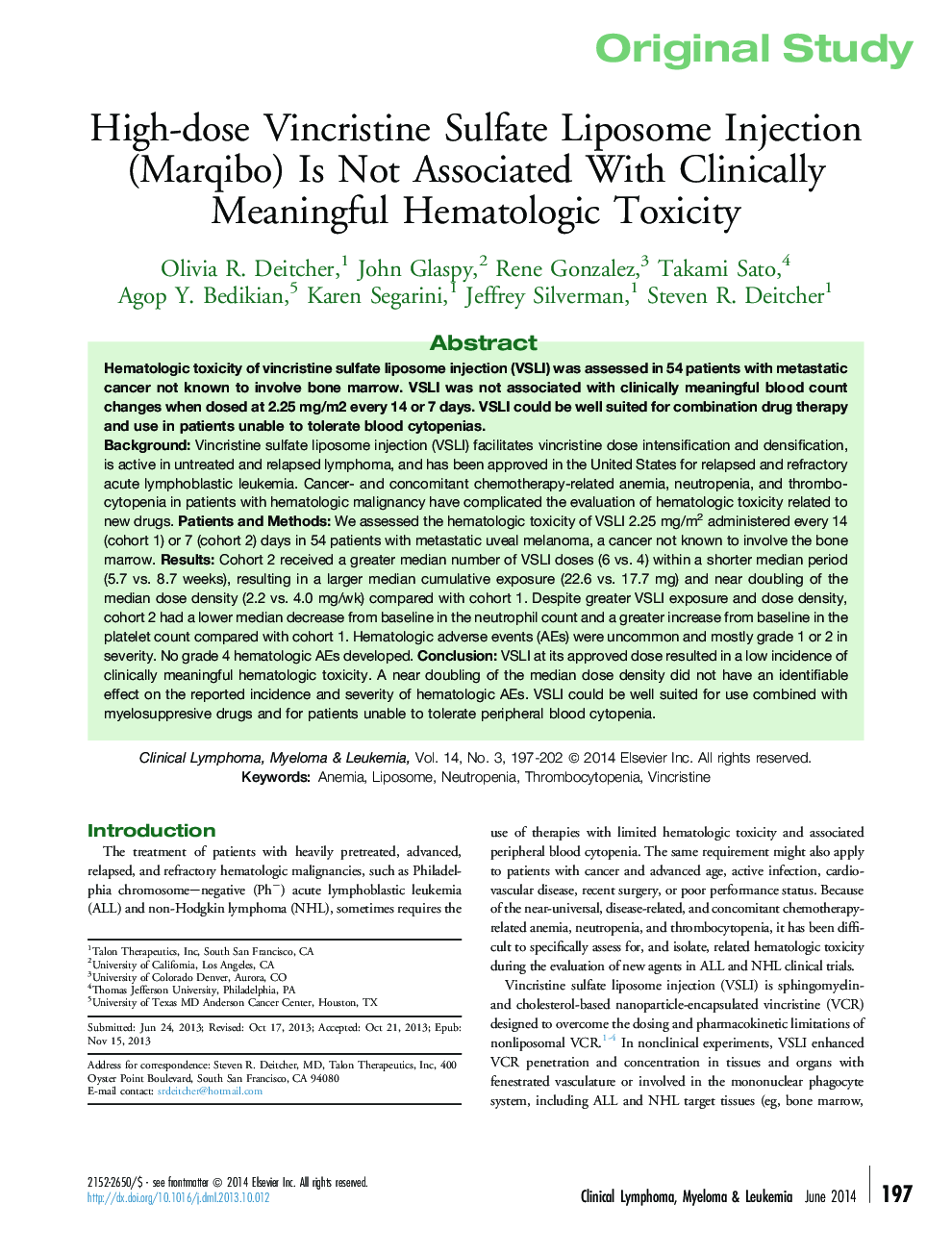 High-dose Vincristine Sulfate Liposome Injection (Marqibo) Is Not Associated With Clinically Meaningful Hematologic Toxicity