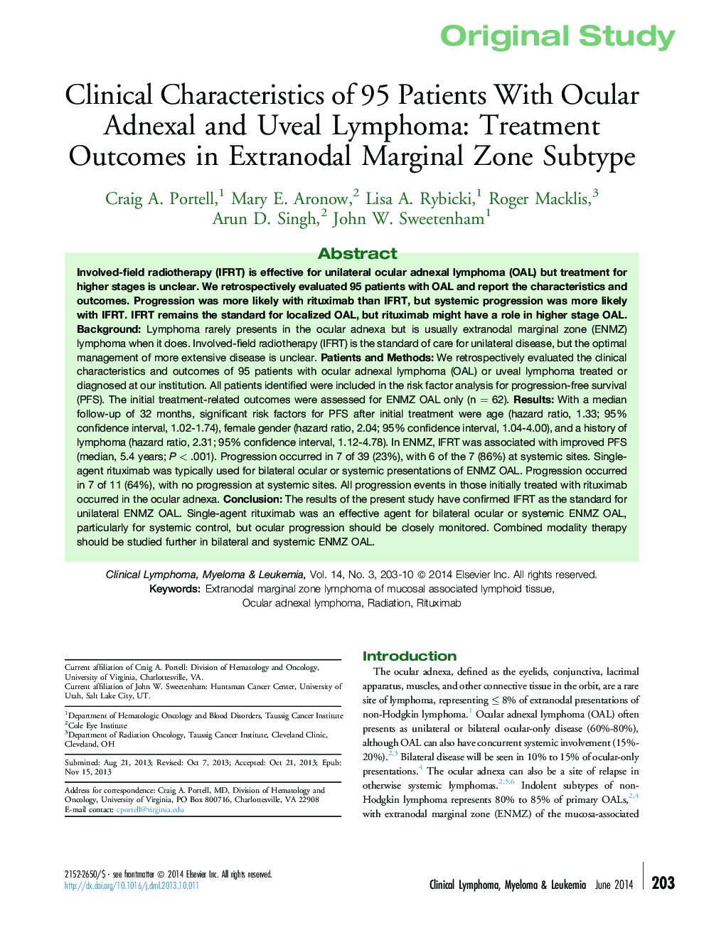 Clinical Characteristics of 95 Patients With Ocular Adnexal and Uveal Lymphoma: Treatment Outcomes in Extranodal Marginal Zone Subtype 