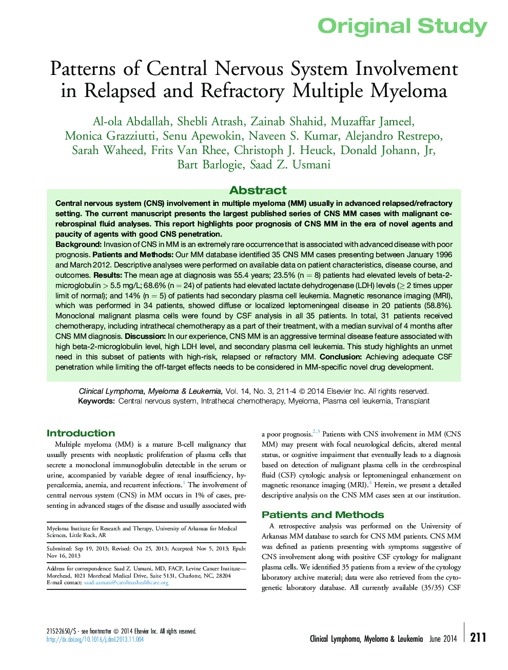 Patterns of Central Nervous System Involvement in Relapsed and Refractory Multiple Myeloma