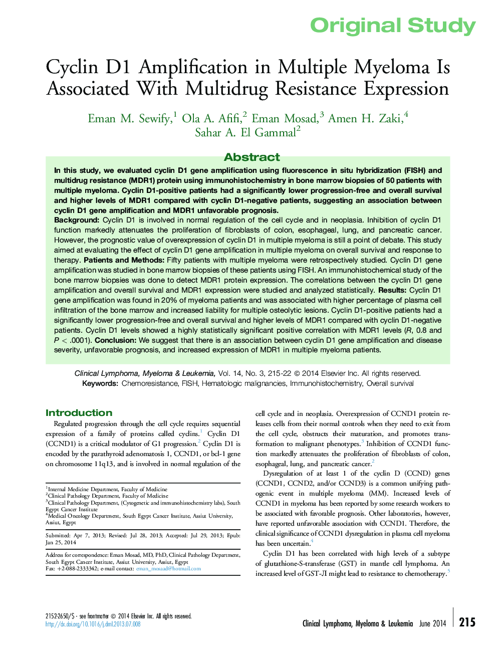 Cyclin D1 Amplification in Multiple Myeloma Is Associated With Multidrug Resistance Expression