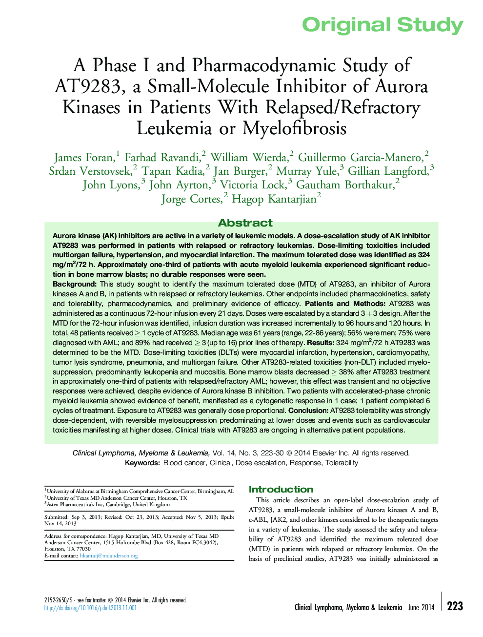 A Phase I and Pharmacodynamic Study of AT9283, a Small-Molecule Inhibitor of Aurora Kinases in Patients With Relapsed/Refractory Leukemia or Myelofibrosis