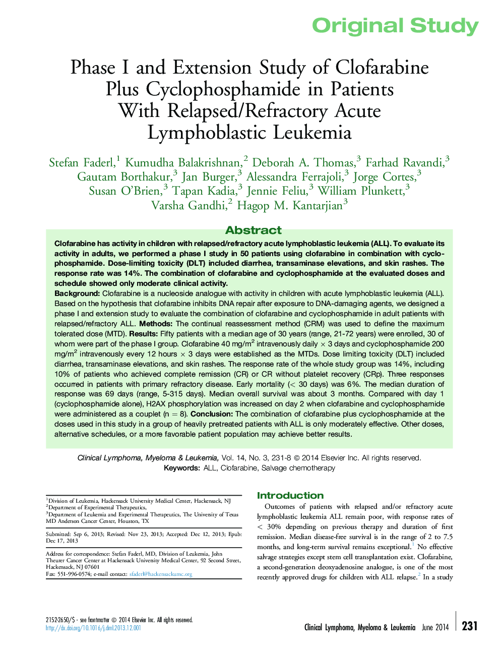 Phase I and Extension Study of Clofarabine Plus Cyclophosphamide in Patients With Relapsed/Refractory Acute Lymphoblastic Leukemia