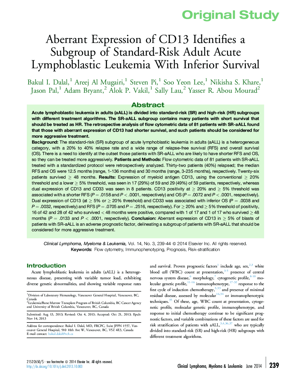 Aberrant Expression of CD13 Identifies a Subgroup of Standard-Risk Adult Acute Lymphoblastic Leukemia With Inferior Survival