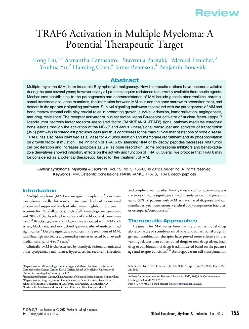 TRAF6 Activation in Multiple Myeloma: A Potential Therapeutic Target