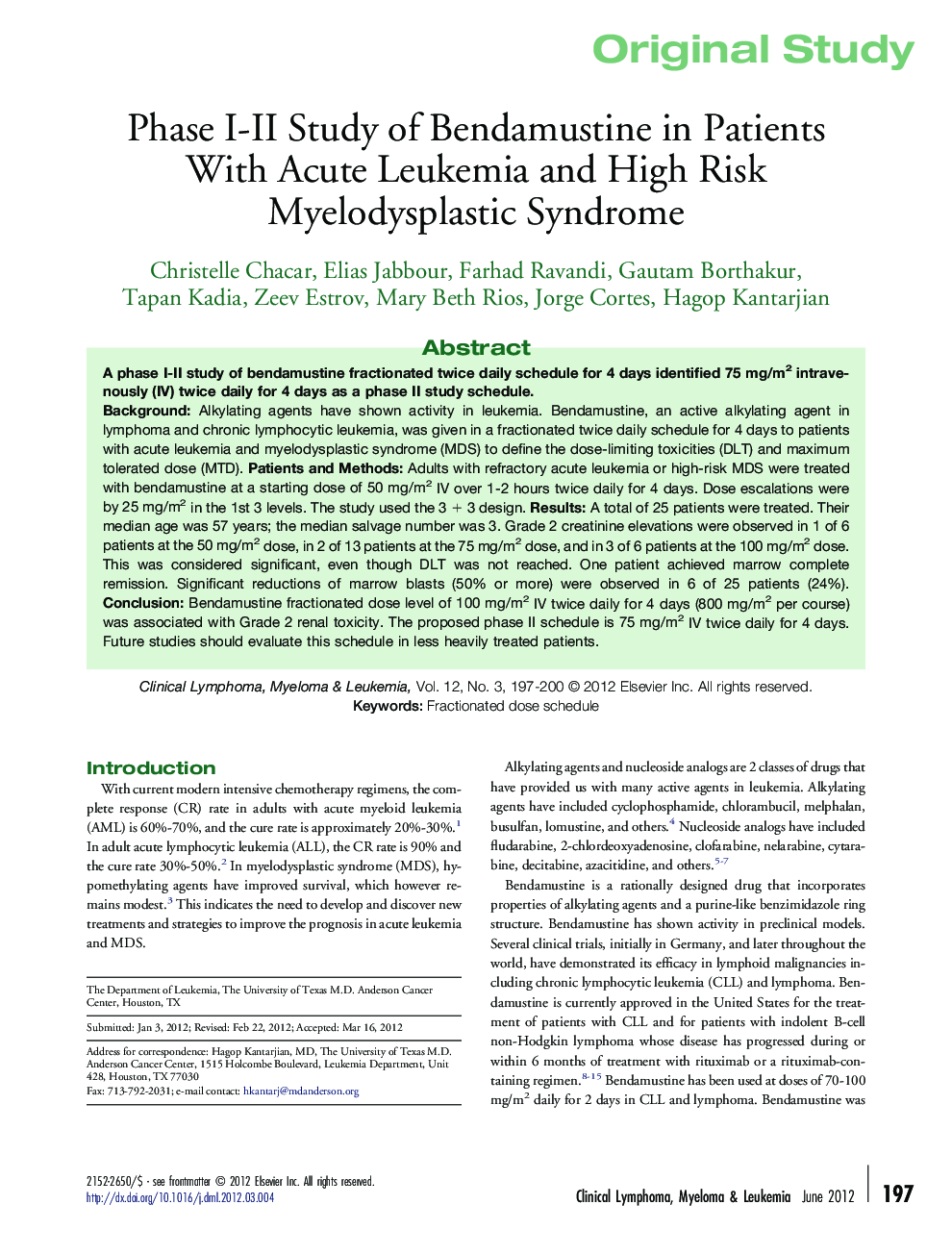 Phase I-II Study of Bendamustine in Patients With Acute Leukemia and High Risk Myelodysplastic Syndrome