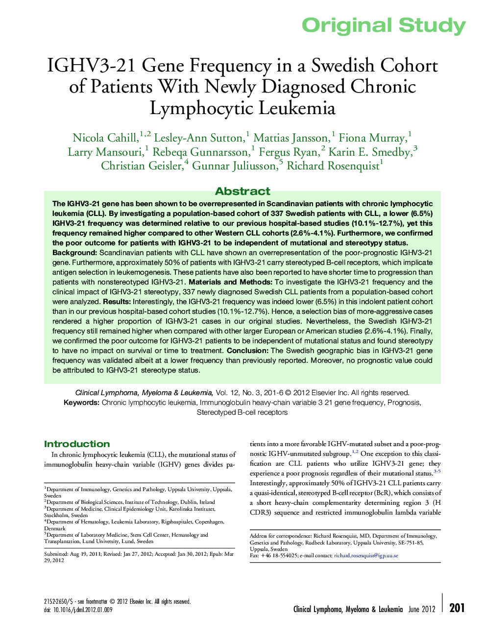 IGHV3-21 Gene Frequency in a Swedish Cohort of Patients With Newly Diagnosed Chronic Lymphocytic Leukemia