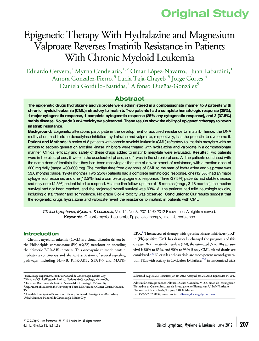 Epigenetic Therapy With Hydralazine and Magnesium Valproate Reverses Imatinib Resistance in Patients With Chronic Myeloid Leukemia