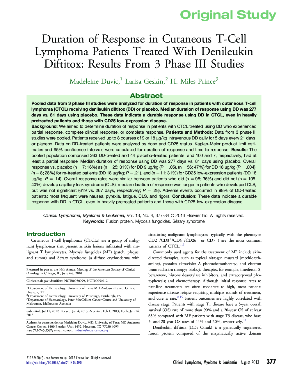 Duration of Response in Cutaneous T-Cell Lymphoma Patients Treated With Denileukin Diftitox: Results From 3 Phase III Studies 