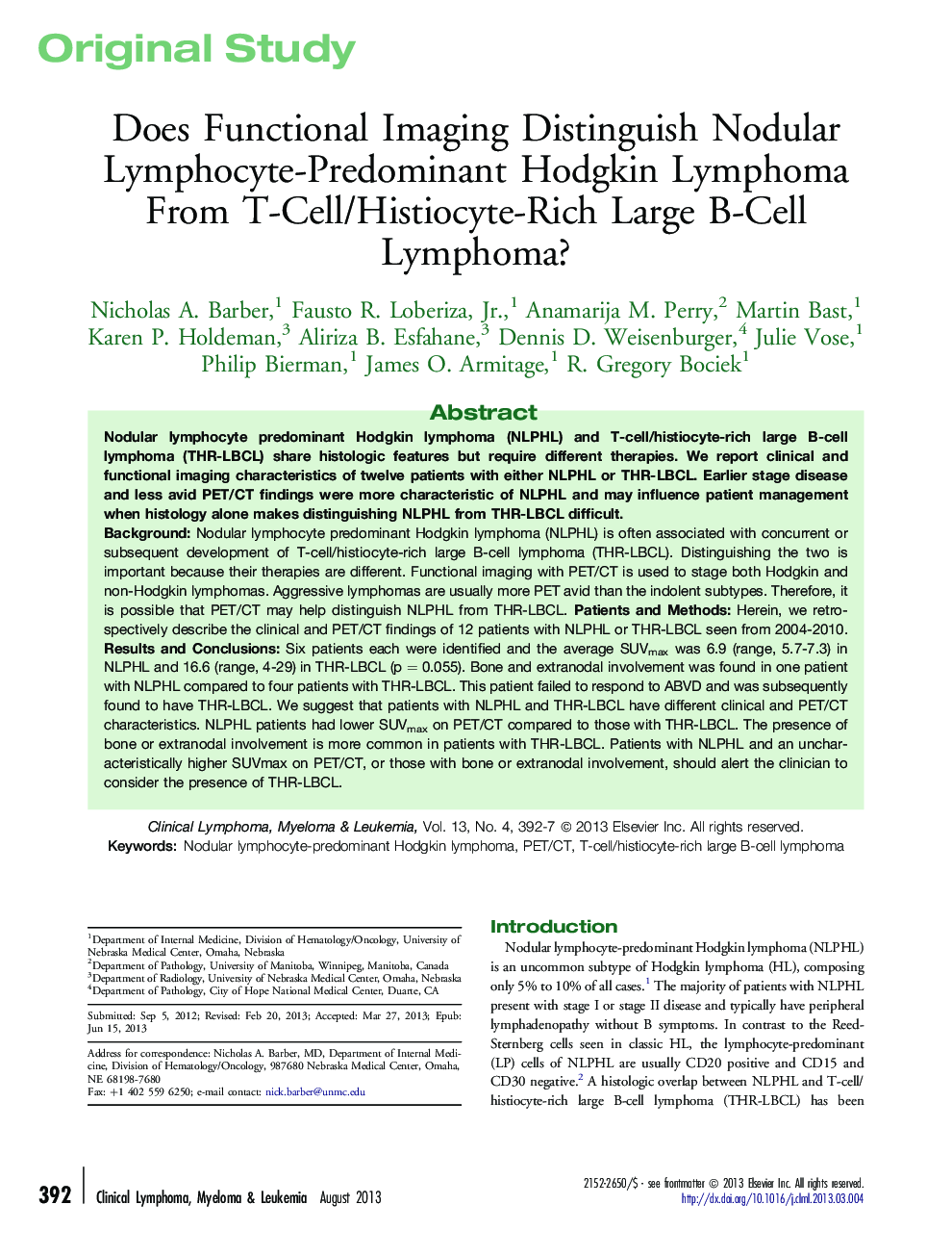 Does Functional Imaging Distinguish Nodular Lymphocyte-Predominant Hodgkin Lymphoma From T-Cell/Histiocyte-Rich Large B-Cell Lymphoma?