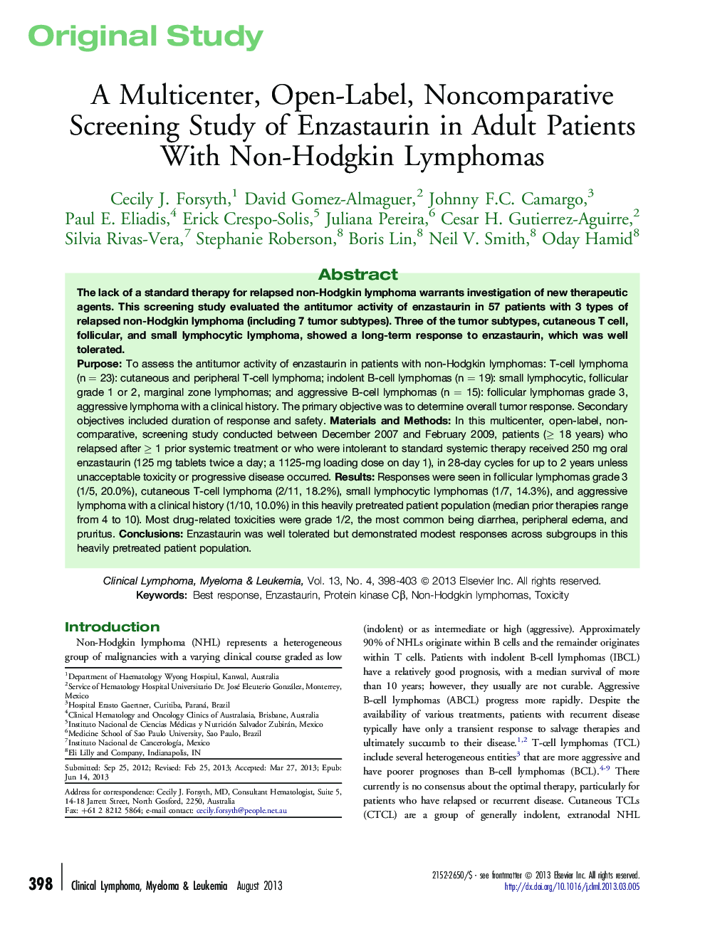 A Multicenter, Open-Label, Noncomparative Screening Study of Enzastaurin in Adult Patients With Non-Hodgkin Lymphomas