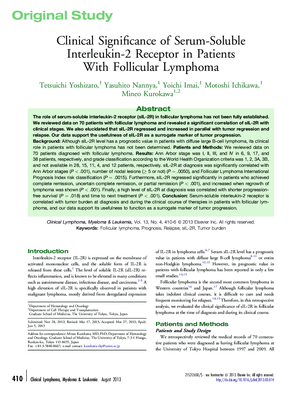 Clinical Significance of Serum-Soluble Interleukin-2 Receptor in Patients With Follicular Lymphoma