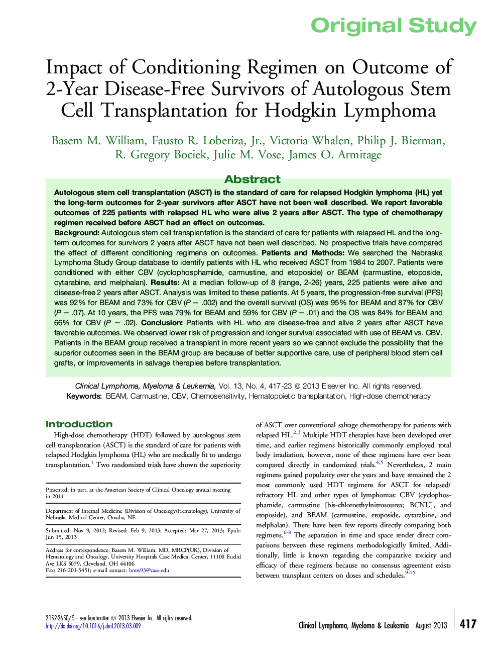 Impact of Conditioning Regimen on Outcome of 2-Year Disease-Free Survivors of Autologous Stem Cell Transplantation for Hodgkin Lymphoma