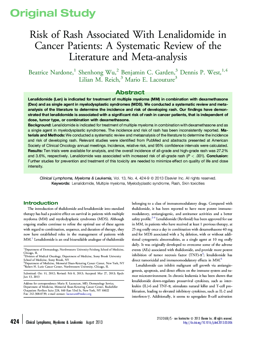 Risk of Rash Associated With Lenalidomide in Cancer Patients: A Systematic Review of the Literature and Meta-analysis