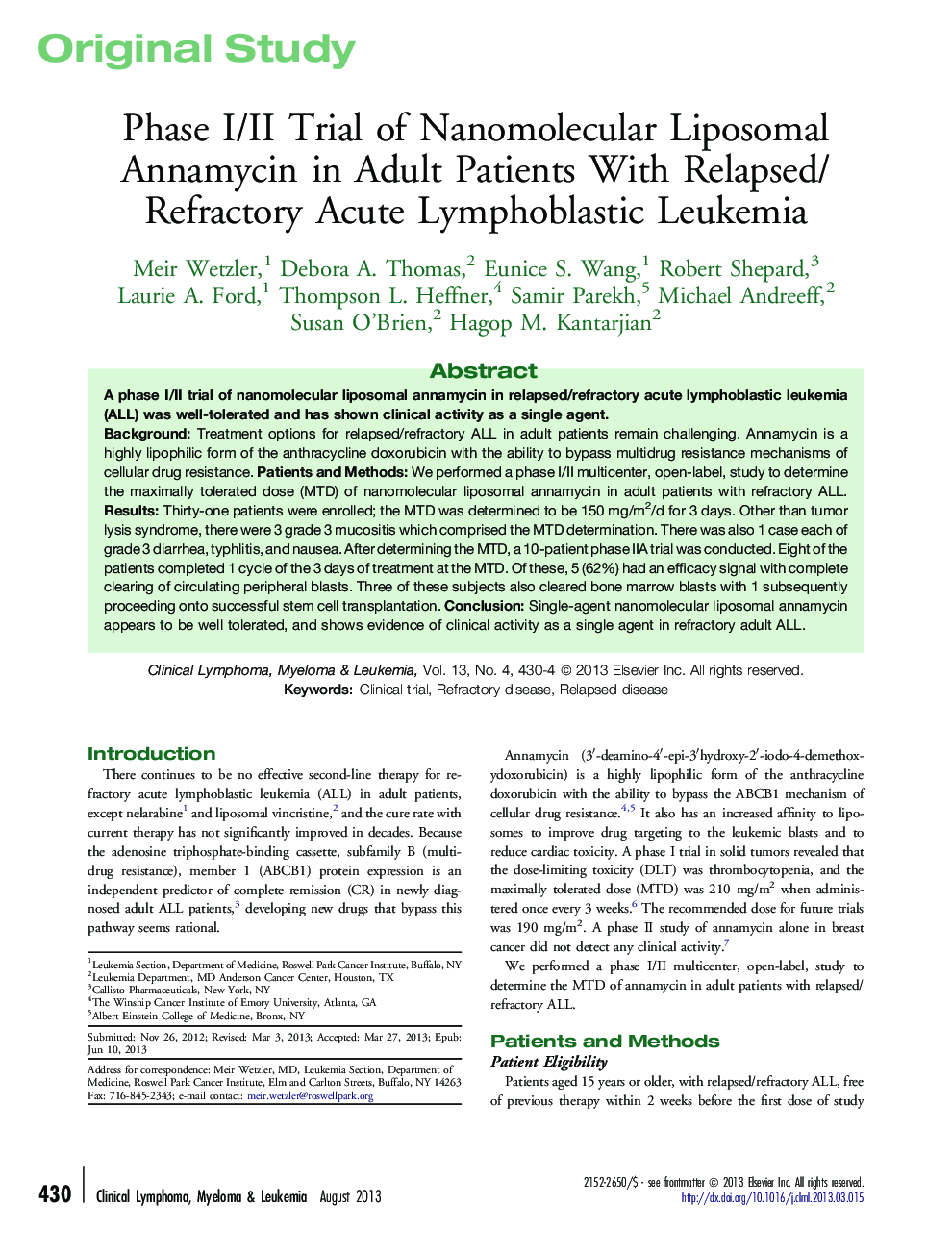 Phase I/II Trial of Nanomolecular Liposomal Annamycin in Adult Patients With Relapsed/Refractory Acute Lymphoblastic Leukemia