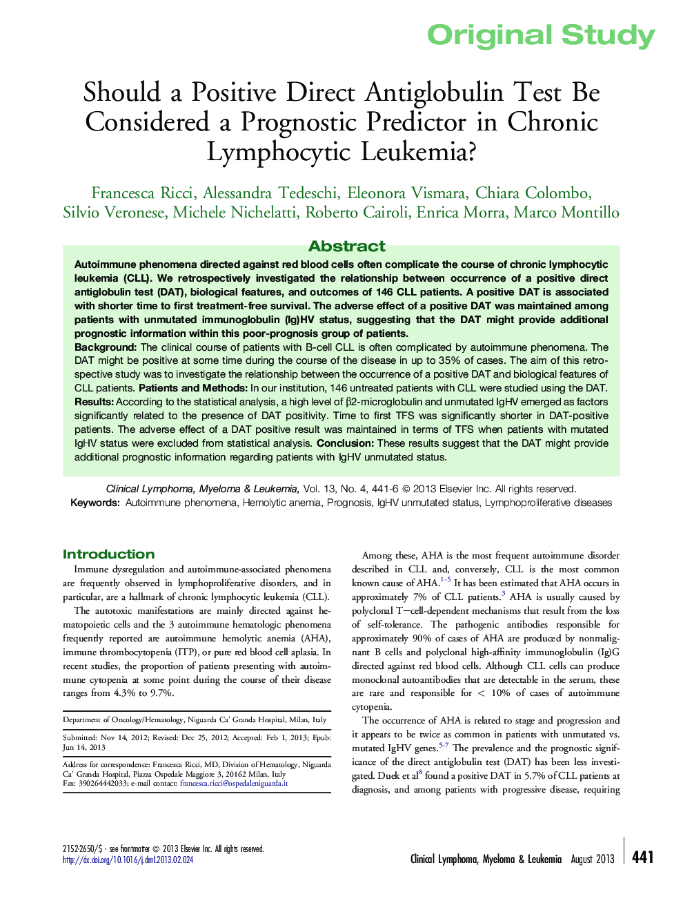 Should a Positive Direct Antiglobulin Test Be Considered a Prognostic Predictor in Chronic Lymphocytic Leukemia?